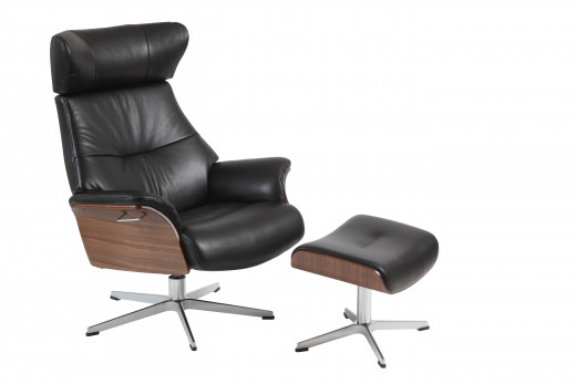 AIR Relaxsessel + Hocker Walnuss / Leder ZERO 2534-89 Black, Rücken Standard, X-Fuss Alu