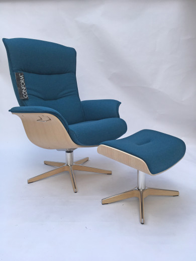 PRIME Ruhesessel + Hocker EICHE unbeh./ FACET 1326-45 petrol, X-Fuss Alu/Holz +3,5cm