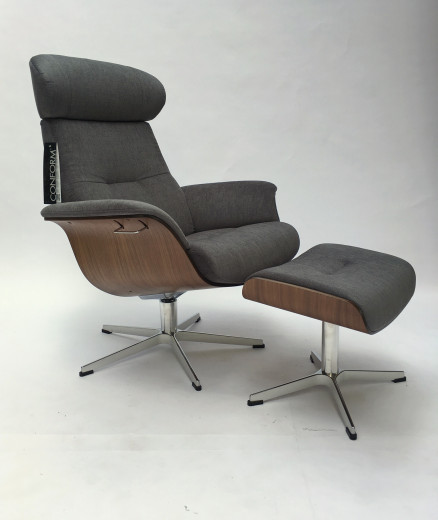 TIMEOUT Sessel + Hocker Walnuss / Bezug EVITA concrete, X-Fuss Alu