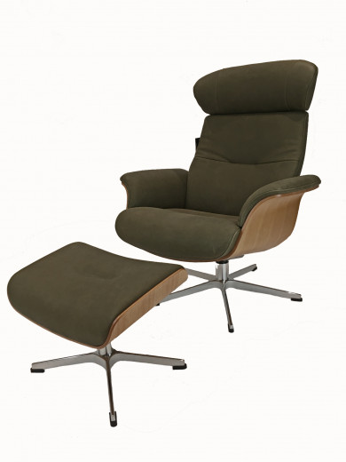 TIMEOUT Sessel + Hocker EI-Hell / GRIZZLY Olive 1518-28, Rücken Standard, X-Fuss Alu