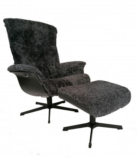 PRIME Sessel + Hocker, EI-Schwarz/ Schaffell Charcoal, X-Fuss Alu schwarz
