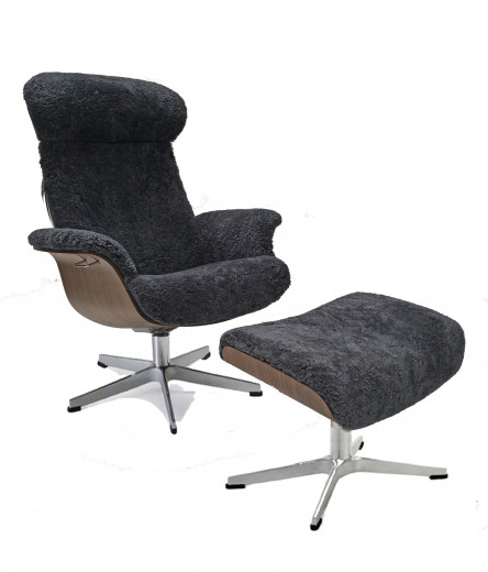 TIMEOUT XL Sessel + Hocker, Walnuss / Schaffell charcoal