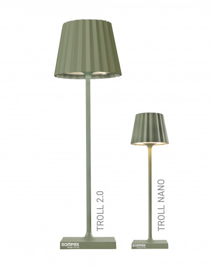 TROLL 2.0 Outdoorleuchte olivgrün, dimmbar, Akkubetrieben, H 38 cm