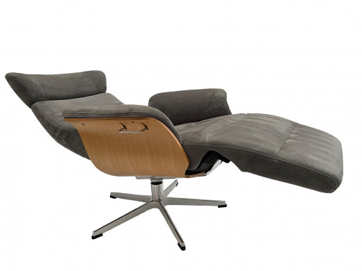 TIMEOUT Sessel m. Fußstütze, EI-Hell / Leder NUBUCK Dark-Grey 2541-78, Rücken Standard, X-Fuss Alu