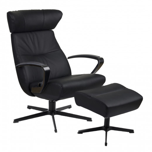 STYLE XL Relaxsessel + Hocker, Leder SORRENTO Black 2554-89, X-Fuss Alu-sw +3,5cm