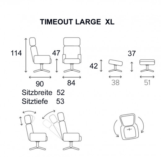 TIMEOUT LARGE XL Sessel Eiche Hell / FANTASY cement, Rücken +5cm, X-Fuss Alu +3,5cm