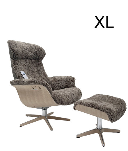 TIMEOUT XL Sessel + Hocker, Eiche unbehandelt / Schaffell SAHARA, Rücken +5cm, X-Fuss Alu/Holz