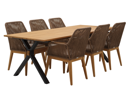 Der Materialmix aus Polyrattan und Teakholz-Untergestell schafft die Verknüpfung zu unseren Teakholz-Tischen