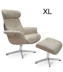 TIMEOUT XL Sessel+Hocker Eiche unbeh /Schaffell sand + Arts Birch, Rücken +5cm, X-Fuss Alu +3,5cm